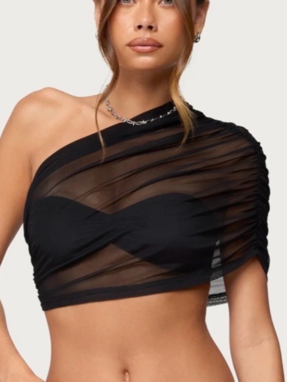 Edikted Black One-Shoulder Sheer Mesh Crop Top